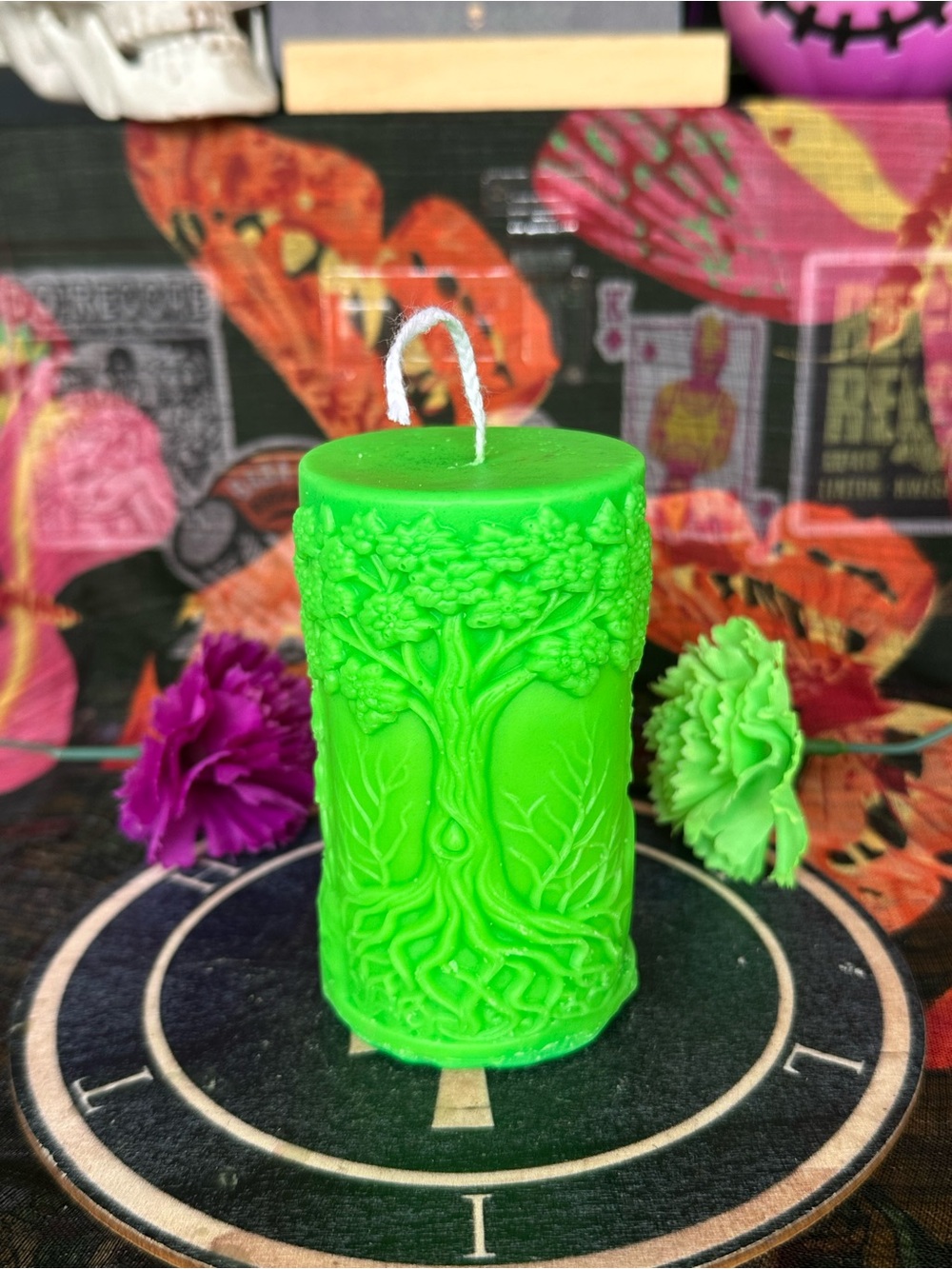 Handmade Green Tree of Life Pillar Candle – Nature & Earth Inspired